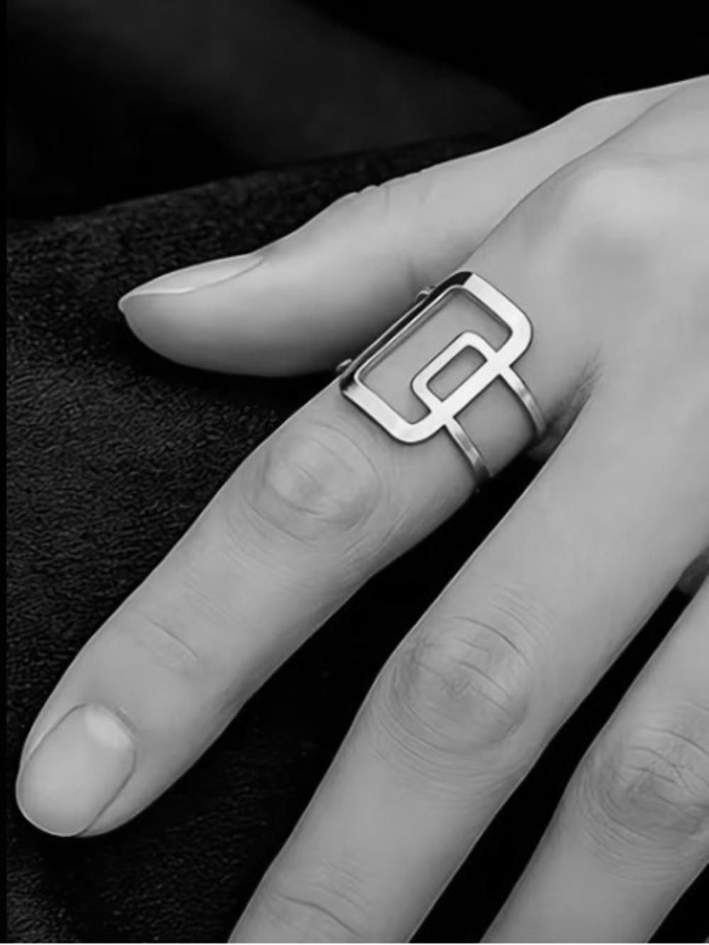 Modern Double-Square Open Band Ring in a Silver Stainless Steel - Picture 2 of 4